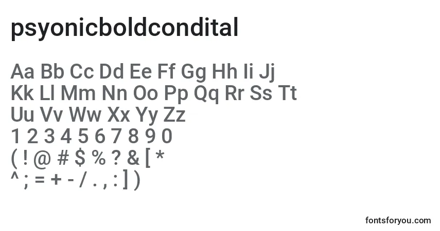 Schriftart Psyonicboldcondital (137418) – Alphabet, Zahlen, spezielle Symbole