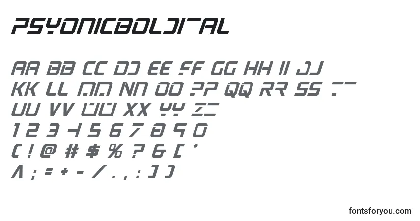Шрифт Psyonicboldital (137421) – алфавит, цифры, специальные символы