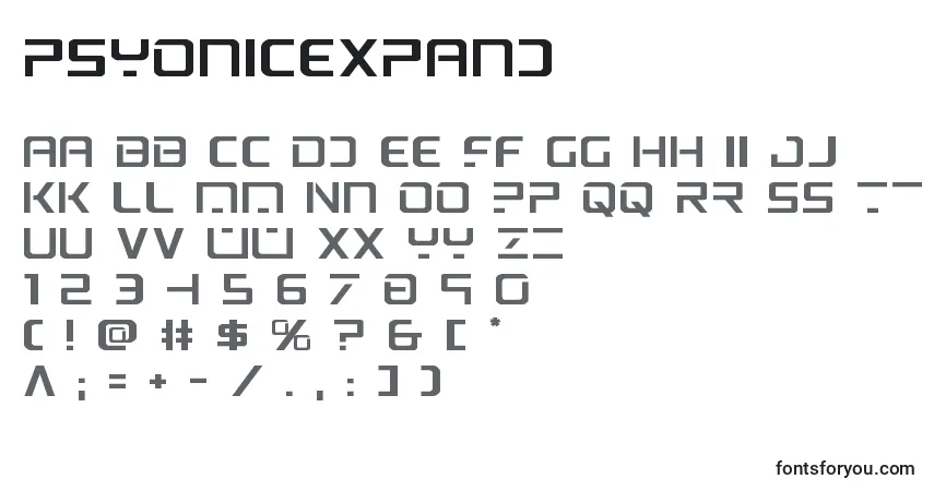 Schriftart Psyonicexpand (137424) – Alphabet, Zahlen, spezielle Symbole