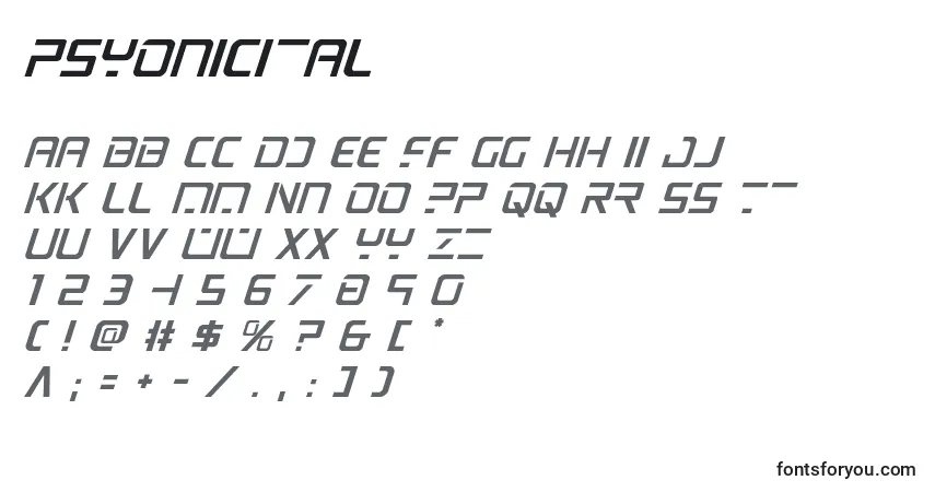 Schriftart Psyonicital (137426) – Alphabet, Zahlen, spezielle Symbole