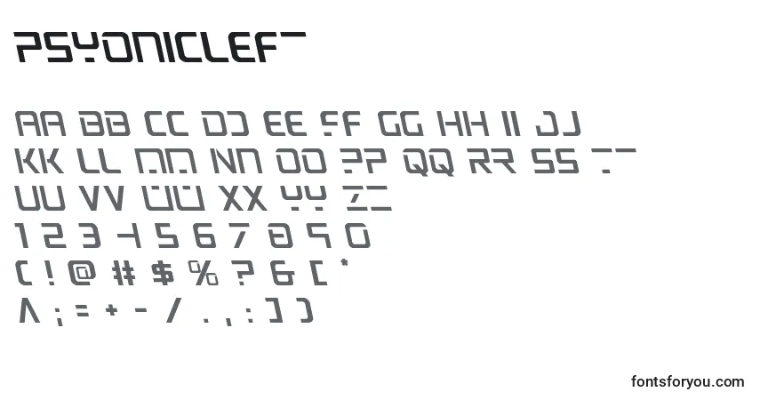 Schriftart Psyonicleft (137427) – Alphabet, Zahlen, spezielle Symbole