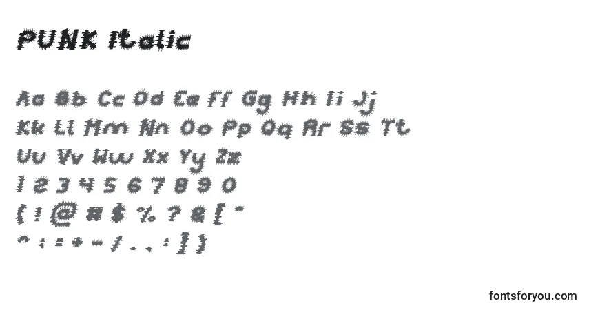 A fonte PUNK Italic – alfabeto, números, caracteres especiais
