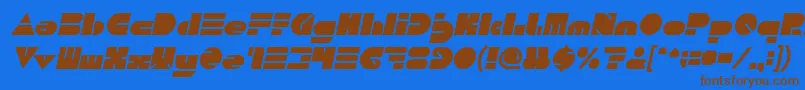 フォントPUSH THE BUTTON Bold Italic – 茶色の文字が青い背景にあります。