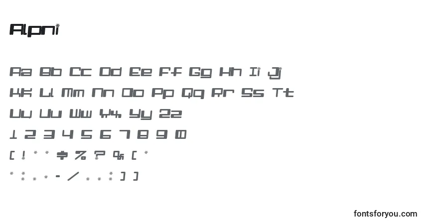 Czcionka Alpni – alfabet, cyfry, specjalne znaki