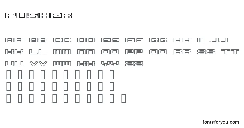 A fonte Pusher (137560) – alfabeto, números, caracteres especiais