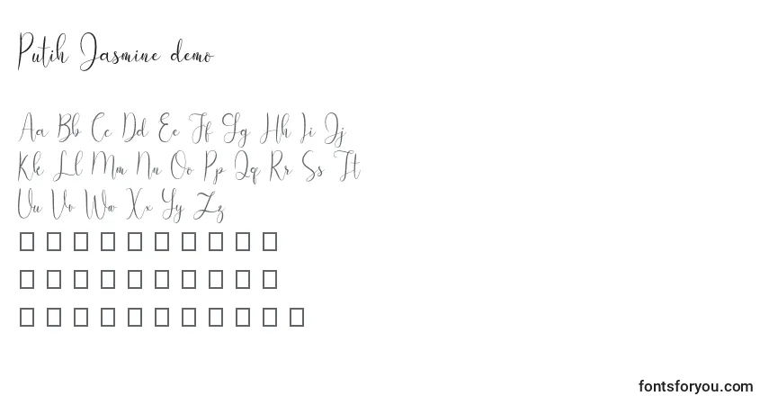 Czcionka Putih Jasmine demo – alfabet, cyfry, specjalne znaki