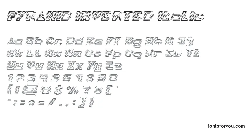Schriftart PYRAMID INVERTED Italic – Alphabet, Zahlen, spezielle Symbole