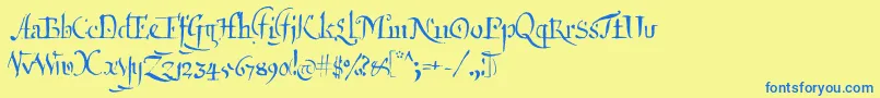 フォントQartagrafy – 青い文字が黄色の背景にあります。