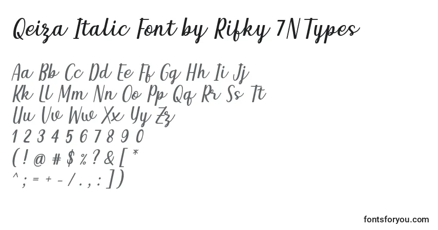 A fonte Qeiza Italic Font by Rifky 7NTypes – alfabeto, números, caracteres especiais