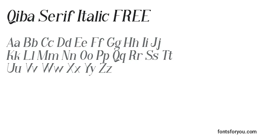 A fonte Qiba Serif Italic FREE – alfabeto, números, caracteres especiais