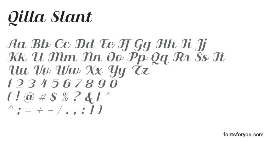Schriftart Qilla Slant – Alphabet, Zahlen, spezielle Symbole