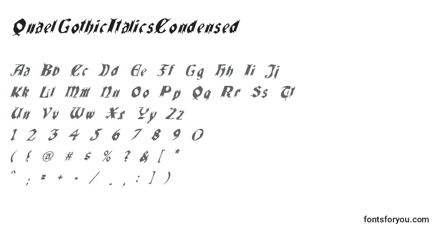 Шрифт QuaelGothicItalicsCondensed (137645) – алфавит, цифры, специальные символы
