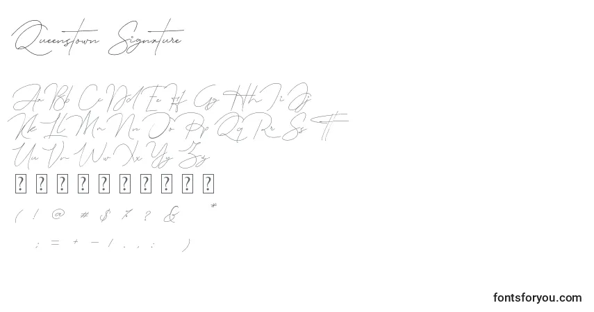 Czcionka Queenstown Signature – alfabet, cyfry, specjalne znaki