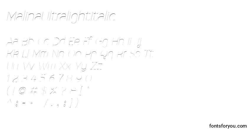 MalinaUltralightItalicフォント–アルファベット、数字、特殊文字