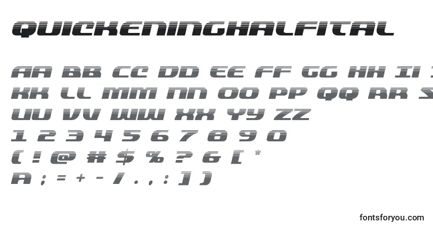 A fonte Quickeninghalfital (137826) – alfabeto, números, caracteres especiais