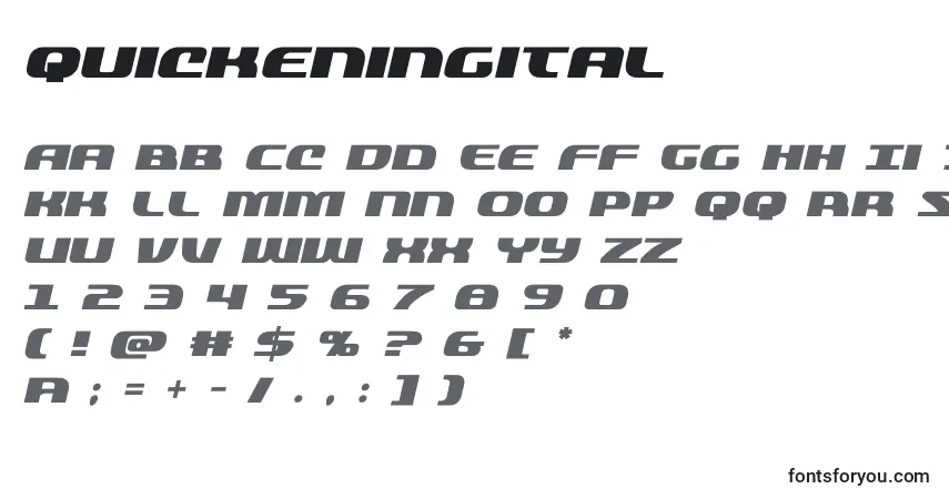 A fonte Quickeningital (137828) – alfabeto, números, caracteres especiais