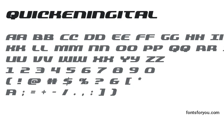 A fonte Quickeningital (137829) – alfabeto, números, caracteres especiais