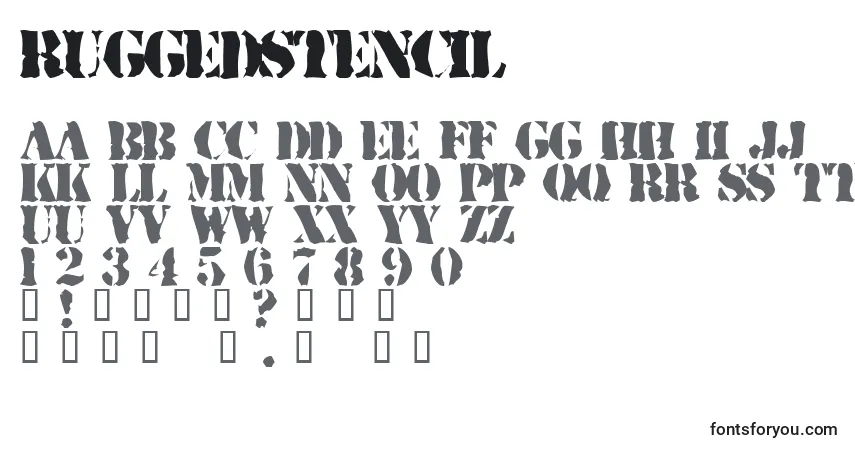 A fonte RuggedStencil – alfabeto, números, caracteres especiais