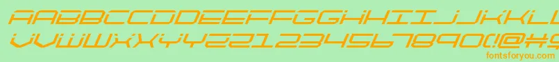 フォントquicktechsuperital – オレンジの文字が緑の背景にあります。