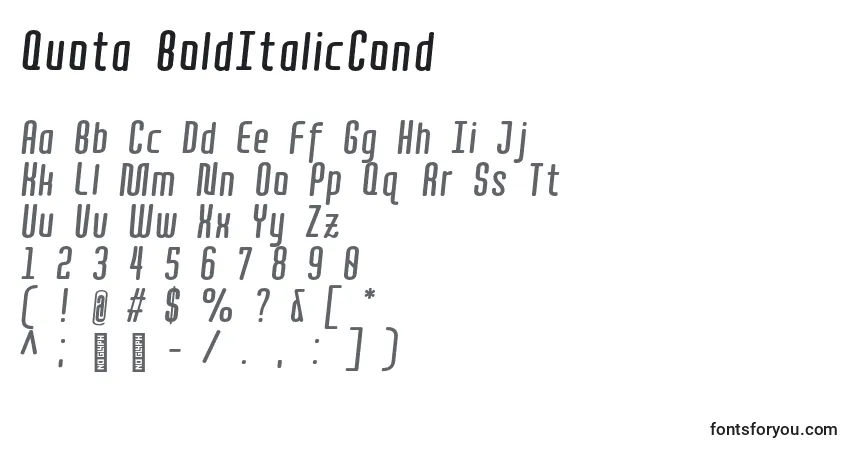 Quota BoldItalicCond -fontti – aakkoset, numerot, erikoismerkit