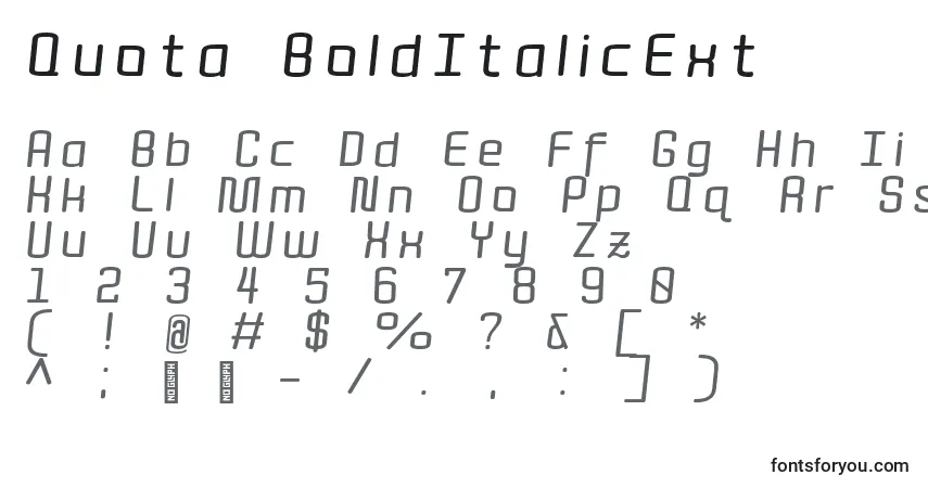 A fonte Quota BoldItalicExt  – alfabeto, números, caracteres especiais