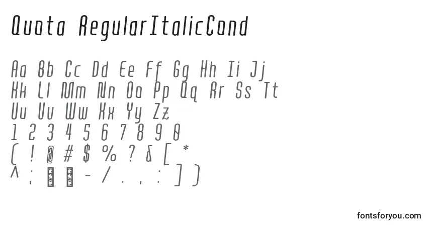 Шрифт Quota RegularItalicCond  – алфавит, цифры, специальные символы