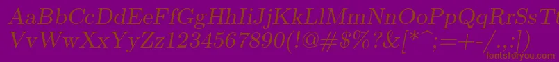 Lmromanslant9Regular-Schriftart – Braune Schriften auf violettem Hintergrund