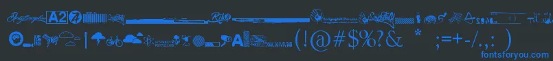 R74 Dingbat attak-Schriftart – Blaue Schriften auf schwarzem Hintergrund