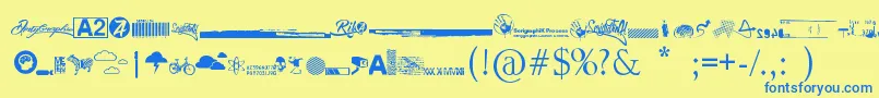 フォントR74 Dingbat attak – 青い文字が黄色の背景にあります。