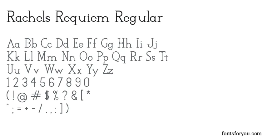 Czcionka Rachels Requiem Regular – alfabet, cyfry, specjalne znaki