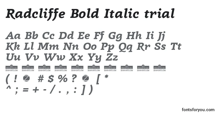 Czcionka Radcliffe Bold Italic trial – alfabet, cyfry, specjalne znaki