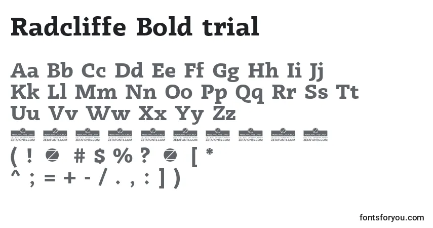 A fonte Radcliffe Bold trial – alfabeto, números, caracteres especiais