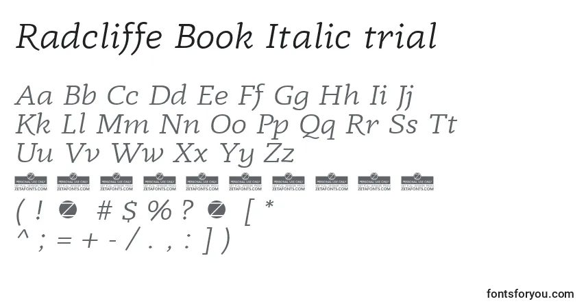 A fonte Radcliffe Book Italic trial – alfabeto, números, caracteres especiais