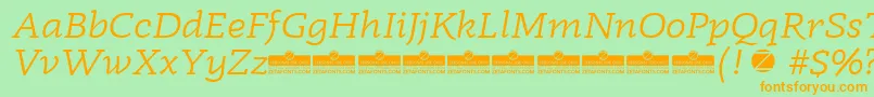 Radcliffe Book Italic trial-fontti – oranssit fontit vihreällä taustalla