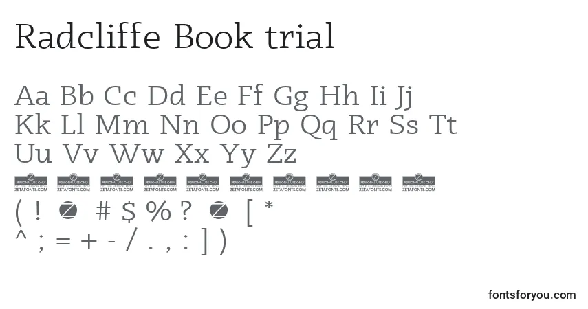 Czcionka Radcliffe Book trial – alfabet, cyfry, specjalne znaki