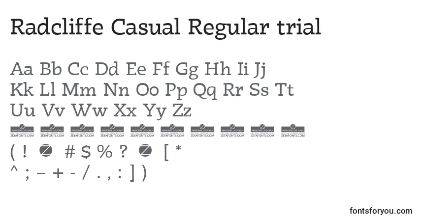 A fonte Radcliffe Casual Regular trial – alfabeto, números, caracteres especiais