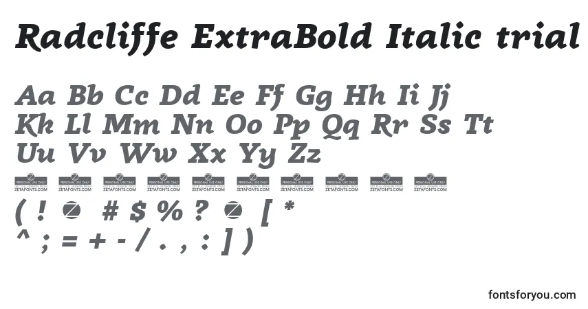Schriftart Radcliffe ExtraBold Italic trial – Alphabet, Zahlen, spezielle Symbole