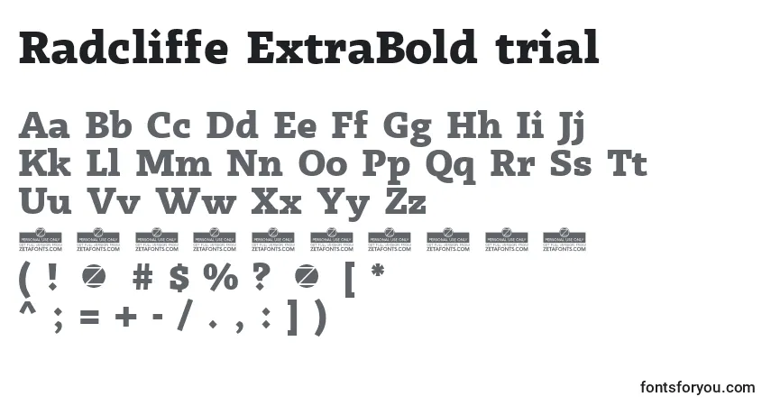 A fonte Radcliffe ExtraBold trial – alfabeto, números, caracteres especiais