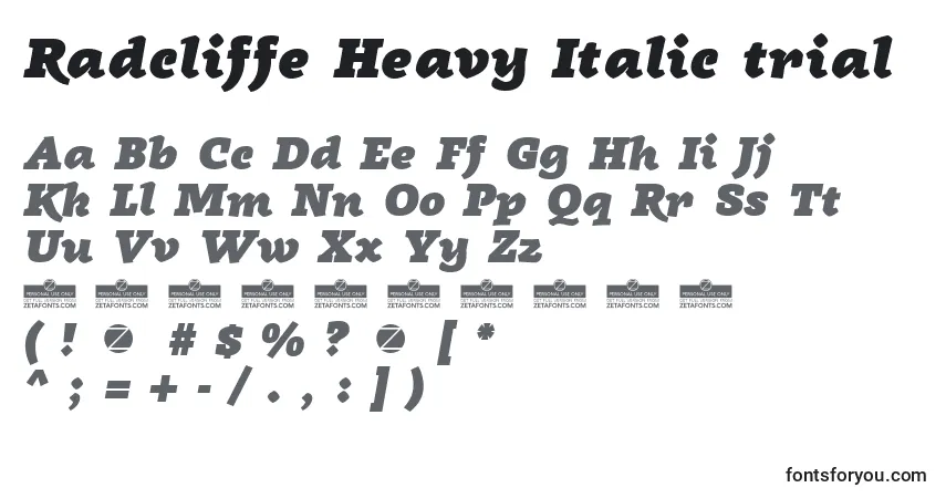 A fonte Radcliffe Heavy Italic trial – alfabeto, números, caracteres especiais