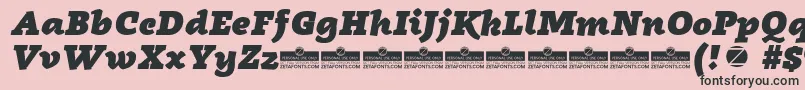 Fonte Radcliffe Heavy Italic trial – fontes pretas em um fundo rosa