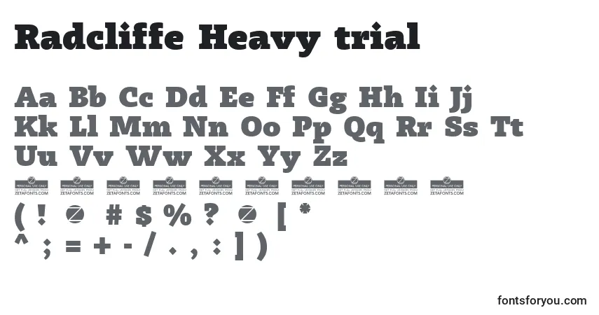Шрифт Radcliffe Heavy trial – алфавит, цифры, специальные символы