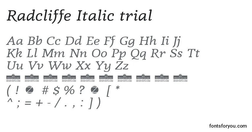 A fonte Radcliffe Italic trial – alfabeto, números, caracteres especiais