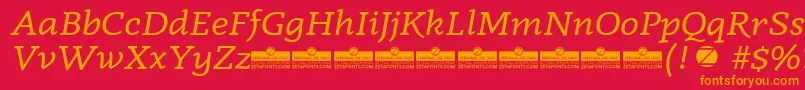 Radcliffe Italic trial-Schriftart – Orangefarbene Schriften auf rotem Hintergrund