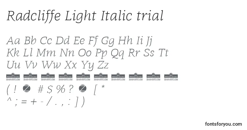 Шрифт Radcliffe Light Italic trial – алфавит, цифры, специальные символы