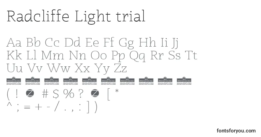 Radcliffe Light trial-fontti – aakkoset, numerot, erikoismerkit