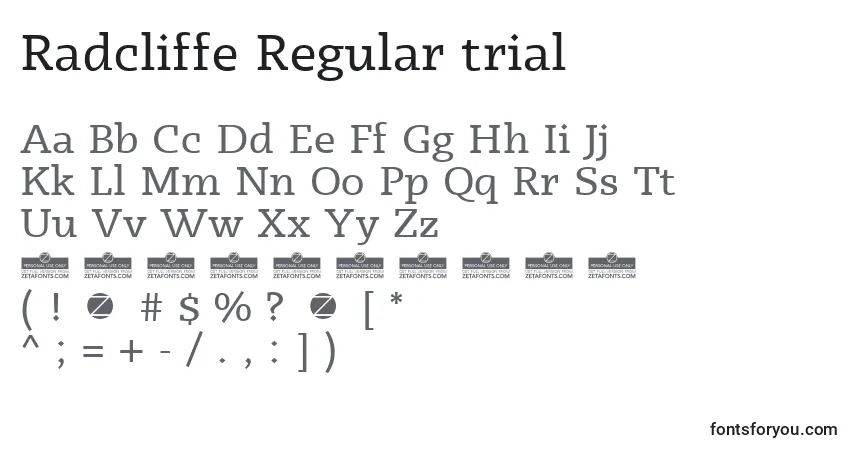 A fonte Radcliffe Regular trial – alfabeto, números, caracteres especiais