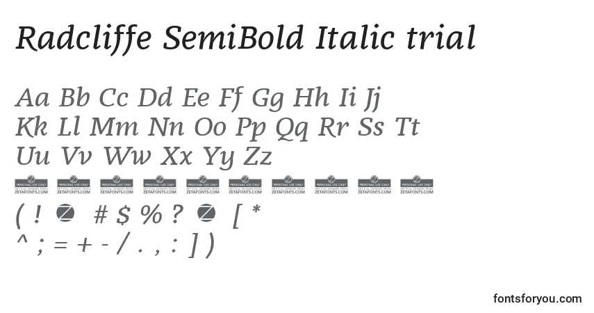Czcionka Radcliffe SemiBold Italic trial – alfabet, cyfry, specjalne znaki
