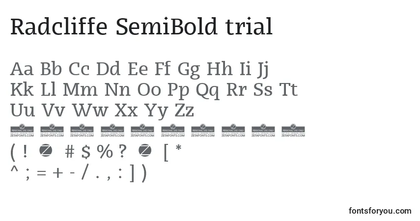 Шрифт Radcliffe SemiBold trial – алфавит, цифры, специальные символы