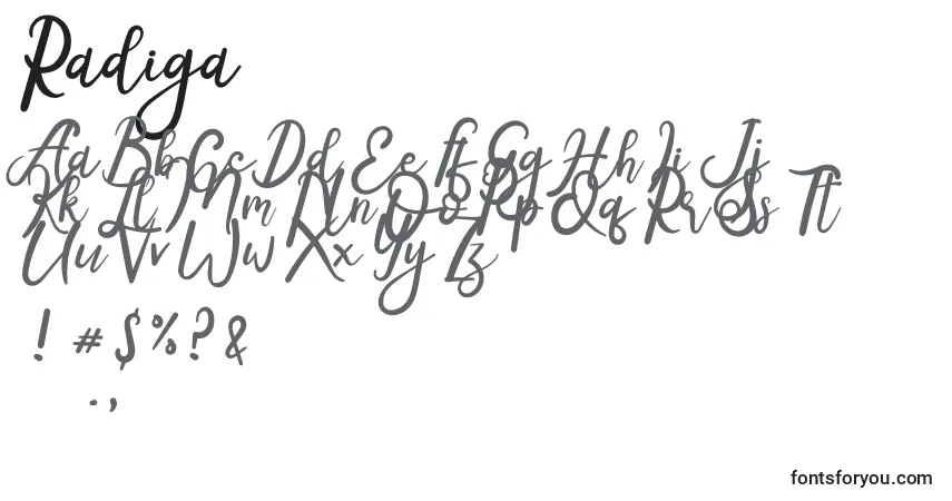 Шрифт Radiga – алфавит, цифры, специальные символы