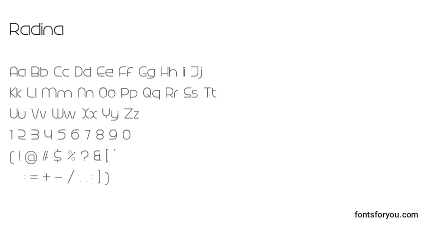 A fonte Radina – alfabeto, números, caracteres especiais